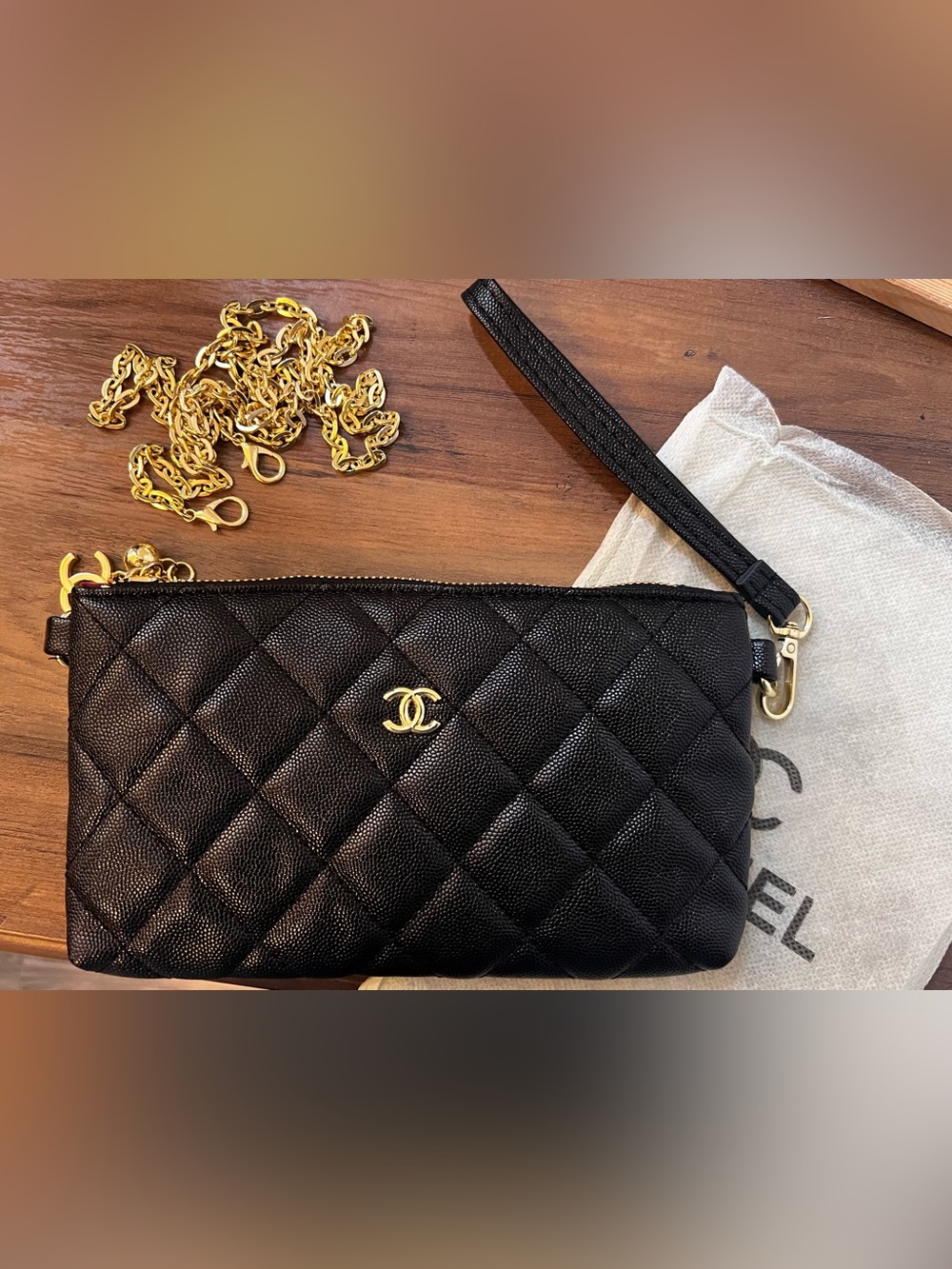 Black Quilted Caviar Leather Crossbody with Gold Chain - Picture 2 of 4
